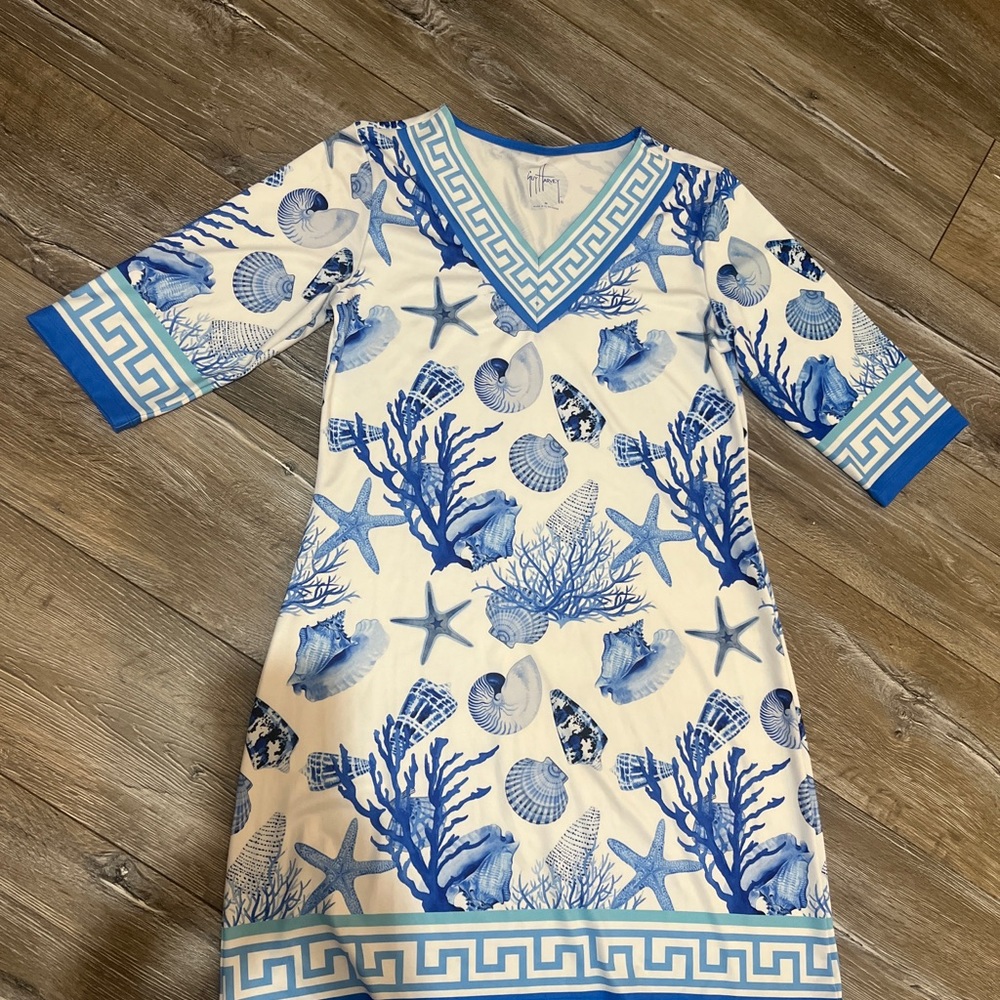 Guy Harvey seashell and coral reef painted dress if sleeve